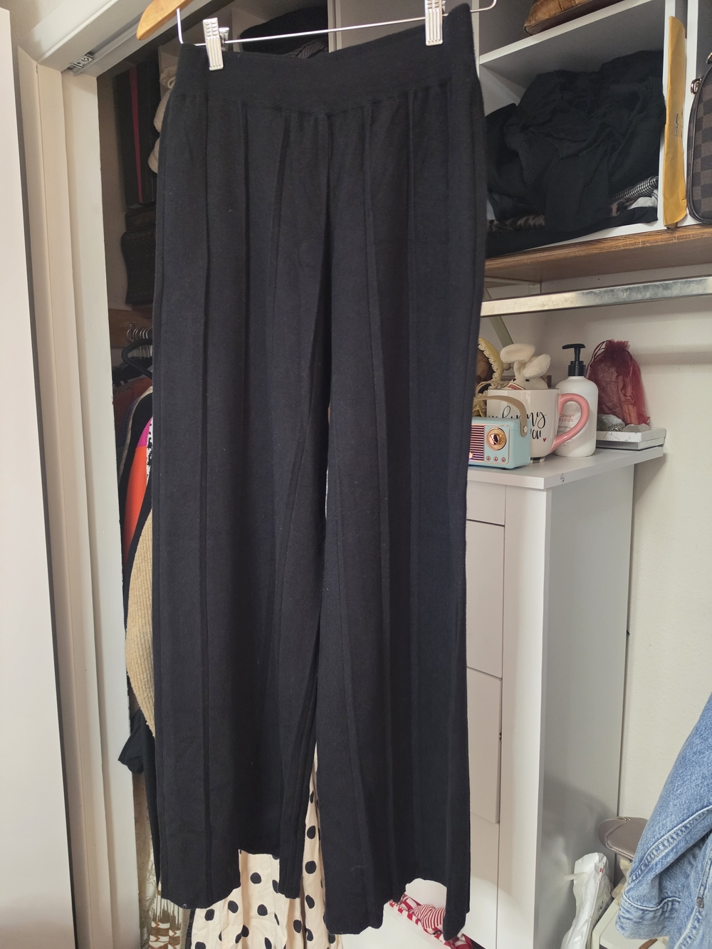 Black Wide Leg Pleated Sweater Pants - Picture 1 of 3